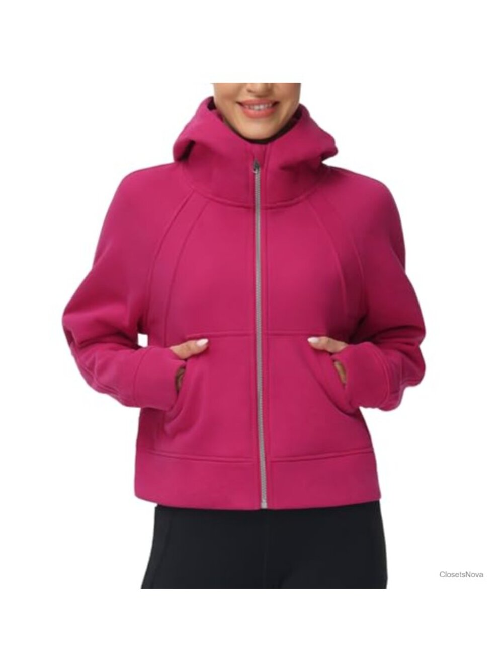 Fleece Lined Full Zip Hoodie Crop Sweatshirt Thumbholes Kangaroo Pocket